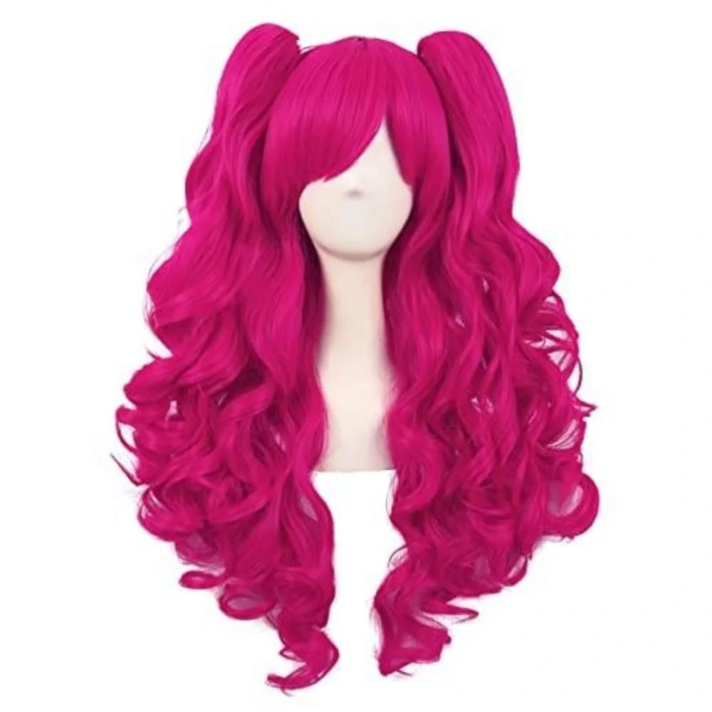 Hot Pink Cosplay Wig Long Curly Pigtails Anime Costume Heat Resistant Synthetic‎